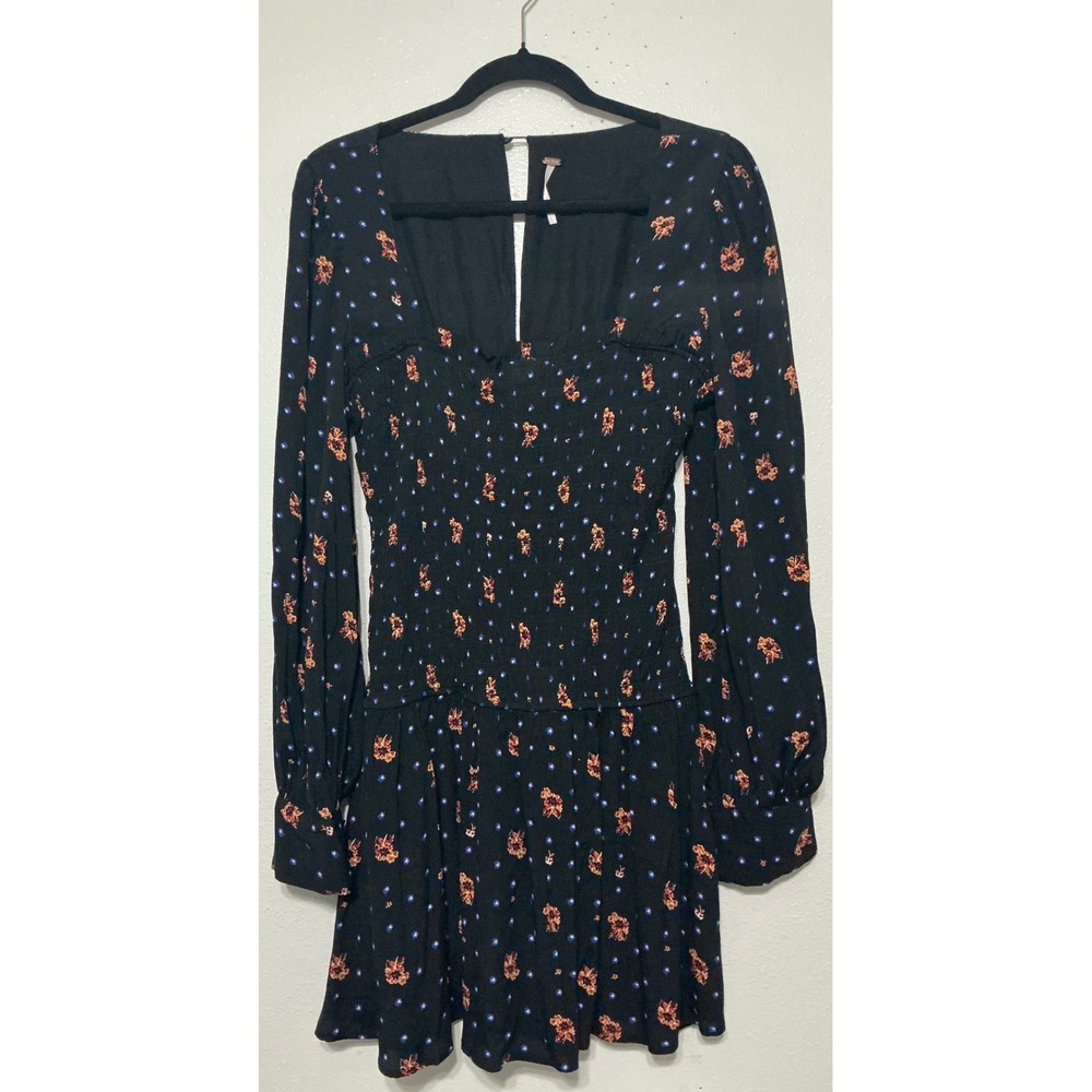 Free People Boho Smocked Floral Mini Dress Long Sleeve S Flowy